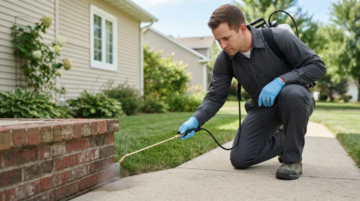 Pest control technician treating a home near New Salisbury, IN